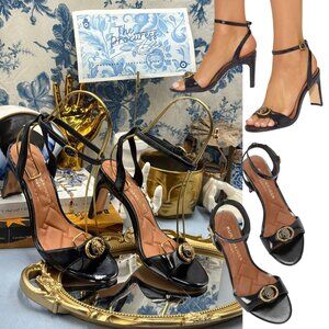 🆕 KURT GEIGER LONDON 🧿 NWOB Chelsea Heel Sandal, Black Patent - Sz 37 US 7